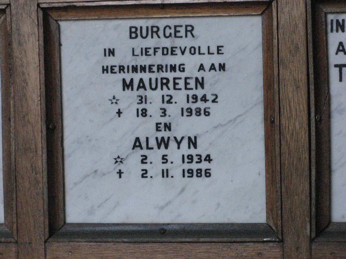 BURGER Alwyn 1934-1986 &amp; Maureen 1942-1986