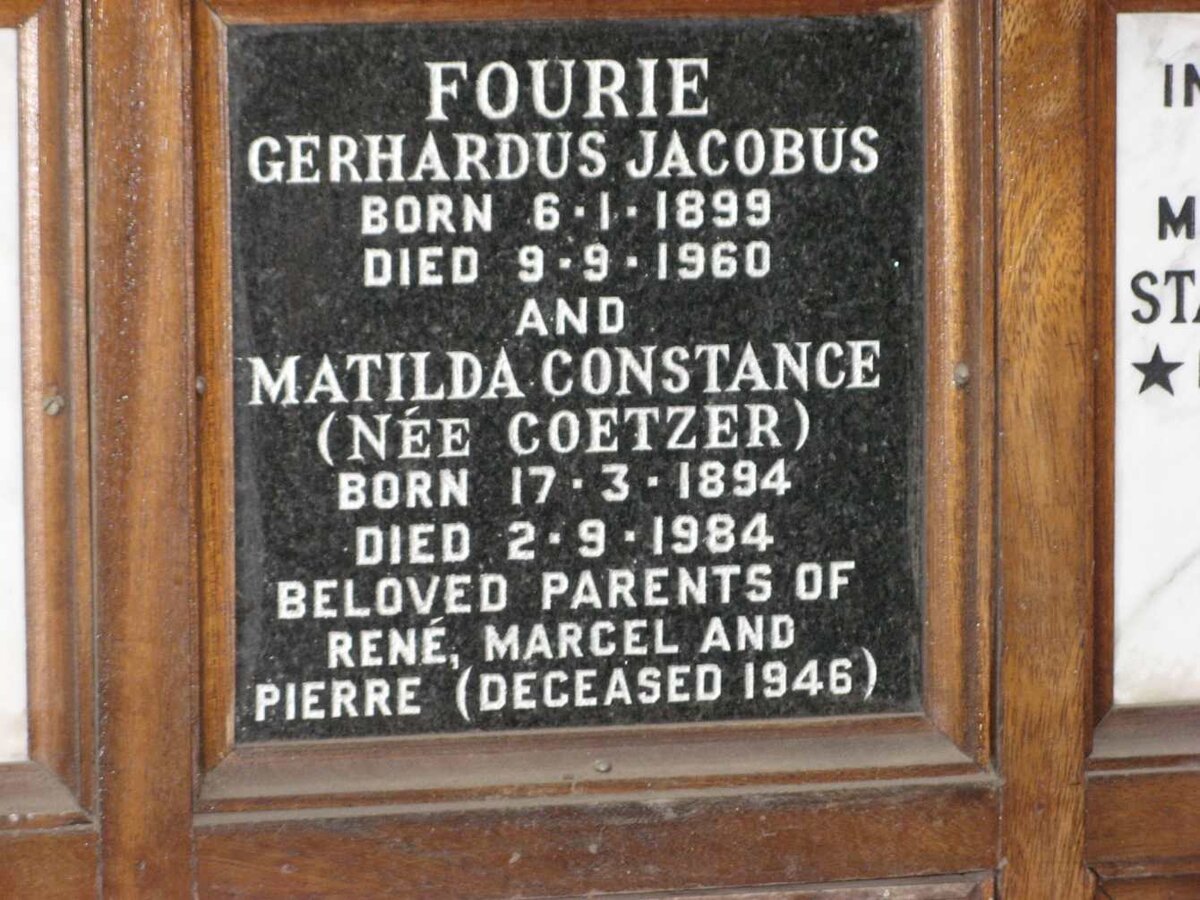 FOURIE Gerhardus Jacobus 1899-1960 &amp; Matilda Constance COETZER 1894-1984