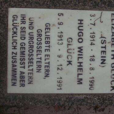 GLUCK Hugo Wilhelm 1913-1991 &amp; Elly Frieda Elizabeth STEIN 1914-1990