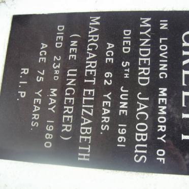 GREEFF Mynderd Jacobus -1961 &amp; Margaret Elizabeth UNGERER -1980