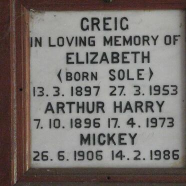 GREIG Arthur Harry 1896-1973 &amp; Elizabeth SOLE 1897-1953 :: GREIG Mickey 1906-1986