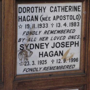 HAGAN Sydney Joseph 1925-1996 &amp; Dorothy Catherine APOSTOLO 1933-1983