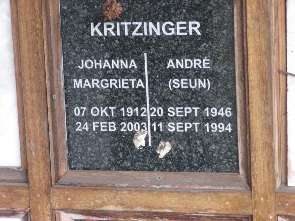 KRITZINGER Johanna Margrieta 1912-2003 :: KRITZINGER Andre 1946-1994