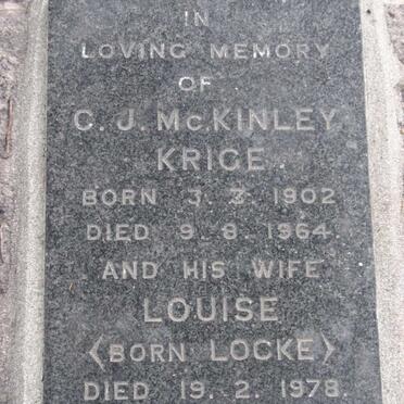 KRIGE C.J. McKinley 1902-1964 &amp; Louise LOCKE -1978