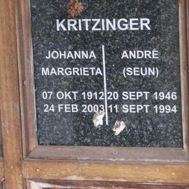 KRITZINGER Johanna Margrieta 1912-2003 :: KRITZINGER Andre 1946-1994