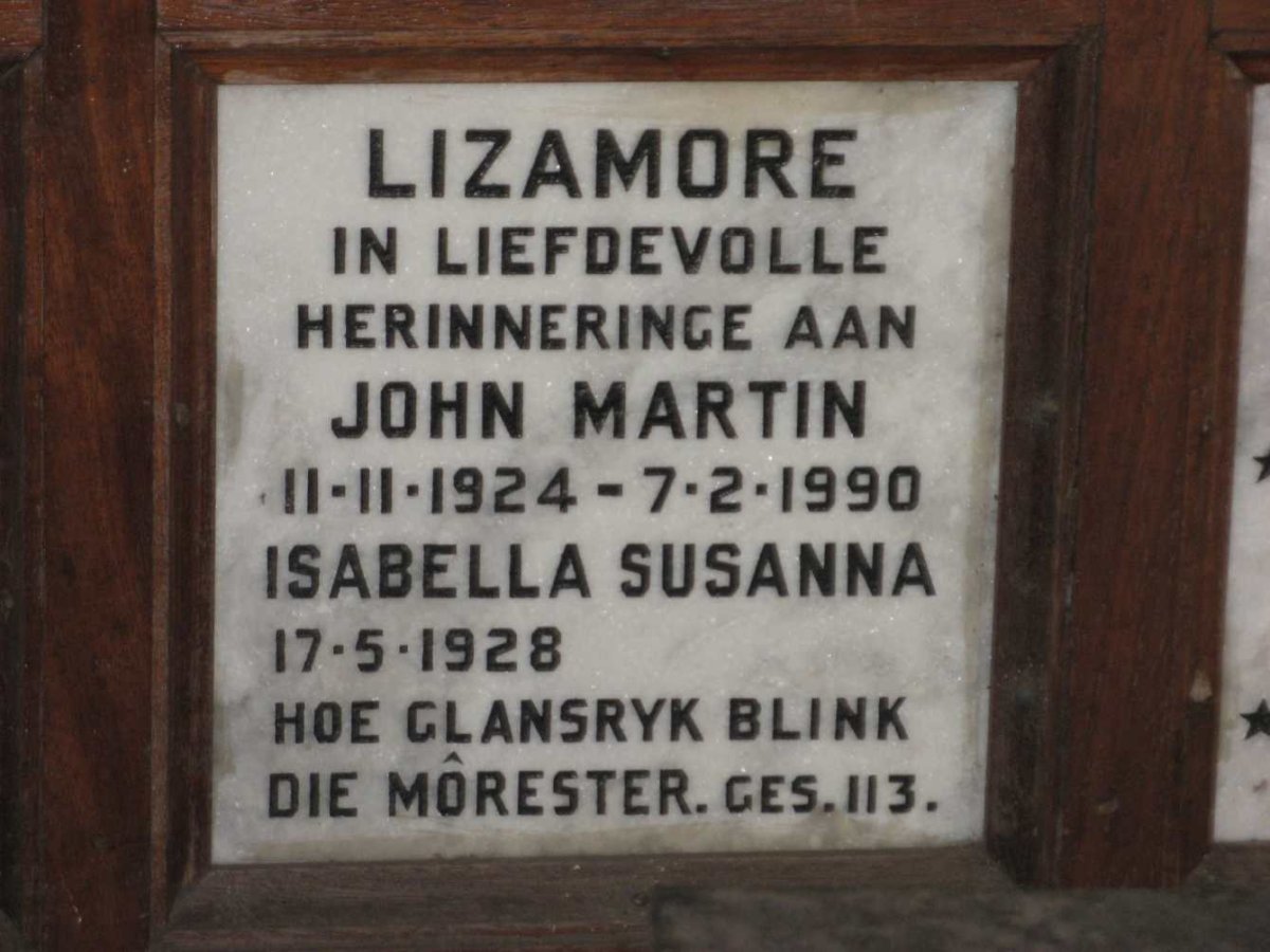 LIZAMORE John Martin 1924-1990 &amp; Isabella Susanna 1928-