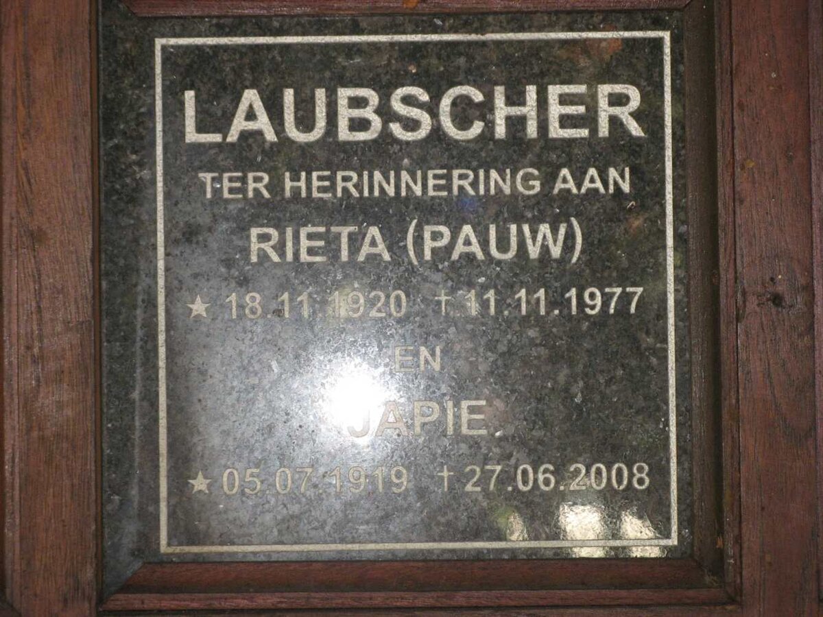 LAUBSCHER Japie 1919-2008 &amp; Rieta PAUW 1920-1977