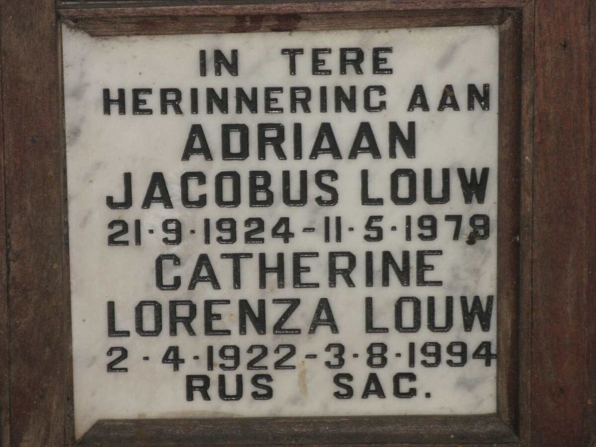 LOUW Adriaan Jacobus 1924-1979 &amp; Catherine Lorenza 1922-1994
