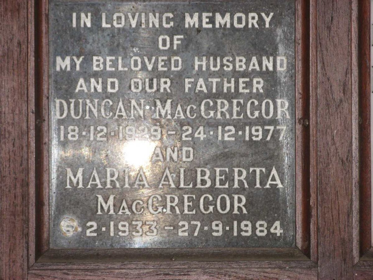 MacGREGOR Duncan 1929-1977 &amp; Maria Alberta 1933-1984
