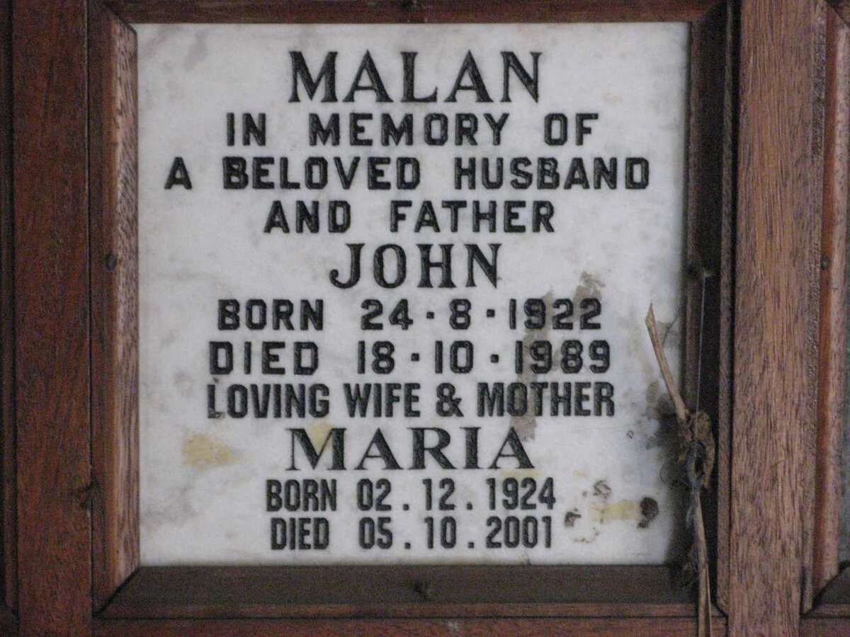 MALAN John 1922-1989 &amp; Maria 1924-2001
