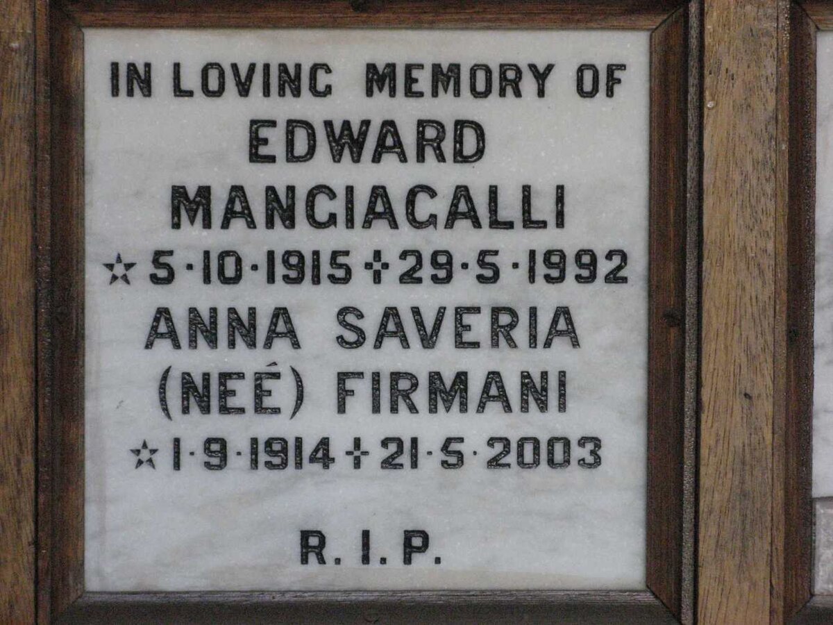 MANGIAGALLI Edward 1915-1992 &amp; Anna Saveria FIRMANI 1914-2003