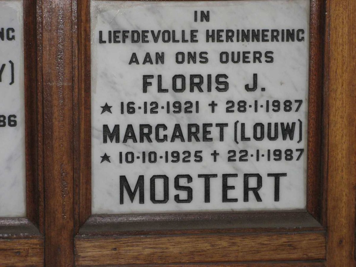 MOSTERT Floris J. 1921-1987 &amp; Margaret LOUW 1925-1987