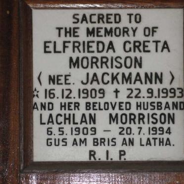 MORRISON Lachlan 1909-1994 &amp; Elfrieda Greta JACKMANN 1909-1993