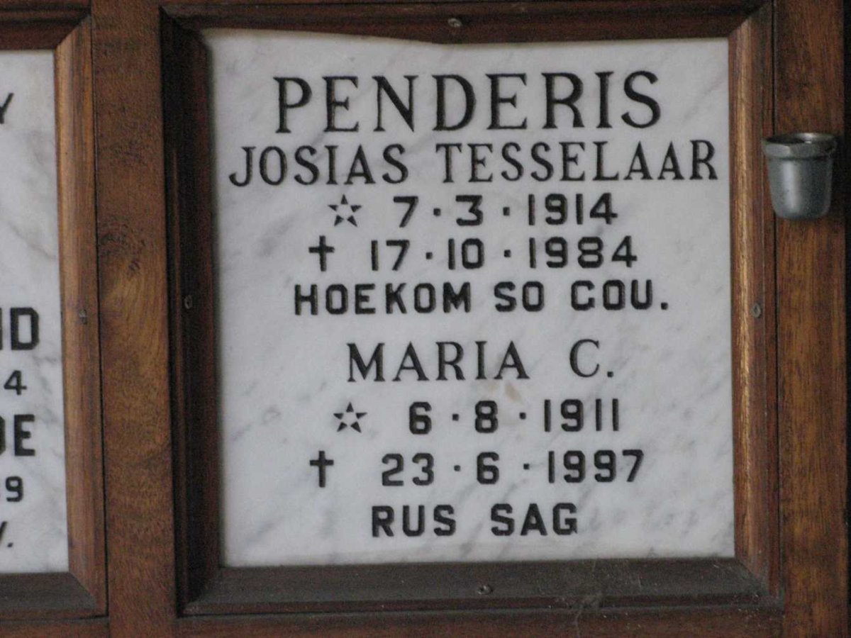 PENDERIS Josias Tesselaar 1914-1984 &amp; Maria C. 1911-1997