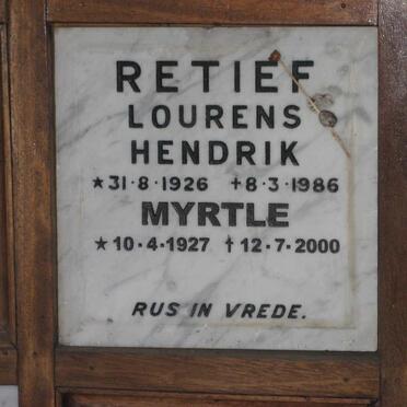 RETIEF Lourens Hendrik 1926-1986 &amp; Myrtle 1927-2000