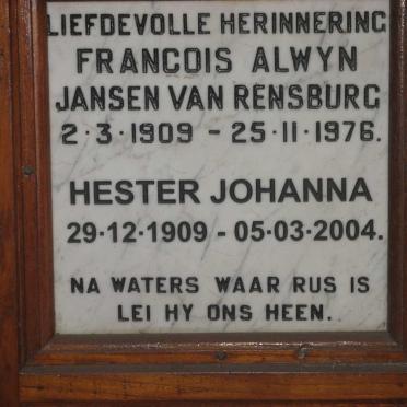 RENSBURG Francois Alwyn, Jansen van 1909-1976 &amp; Hester Johanna 1909-2004