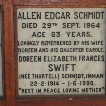 SCHMIDT Allen Edgar -1964 &amp; Doreen Elizabeth SWIFT formerly SCHMIDT formerly INMAN nee THURTELL 1914-1990
