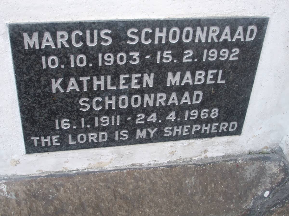 SCHOONRAAD Marcus 1903-1992 &amp; Kathleen Mabel 1911-1968