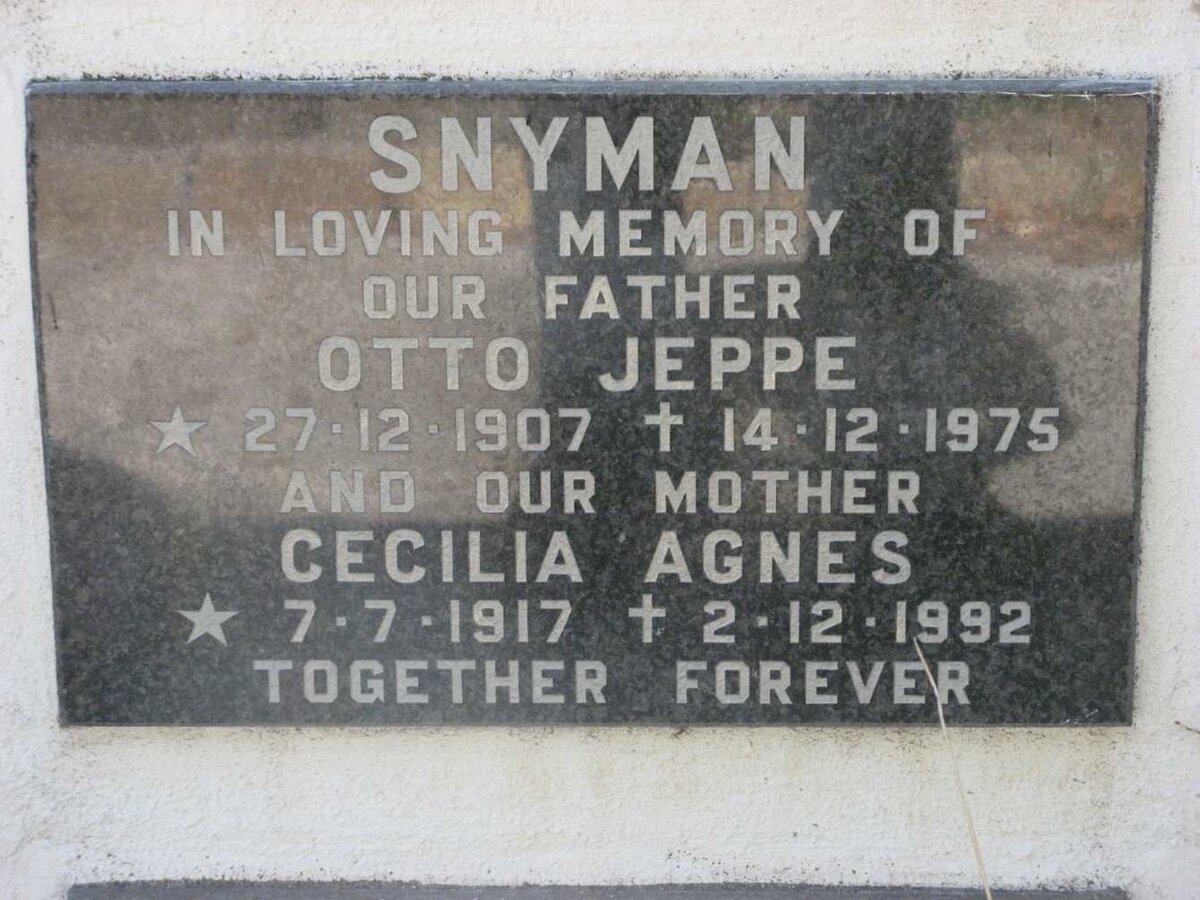 SNYMAN Otto Jeppe 1907-1975 &amp; Cecilia Agnes 1917-1992