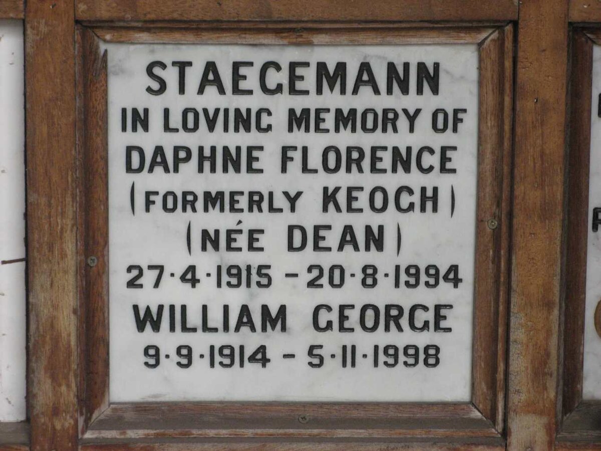 STAEGEMANN William George 1914-1998 &amp; Daphne Florence DEAN formerly KEOGH 1915-1994