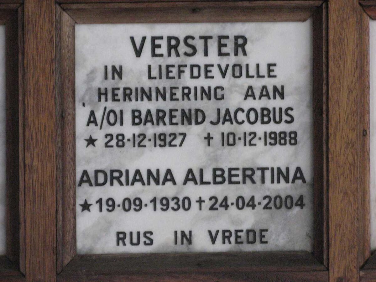 VERSTER Barend Jacobus 1927-1988 &amp; Adriana Albertina 1930-2004