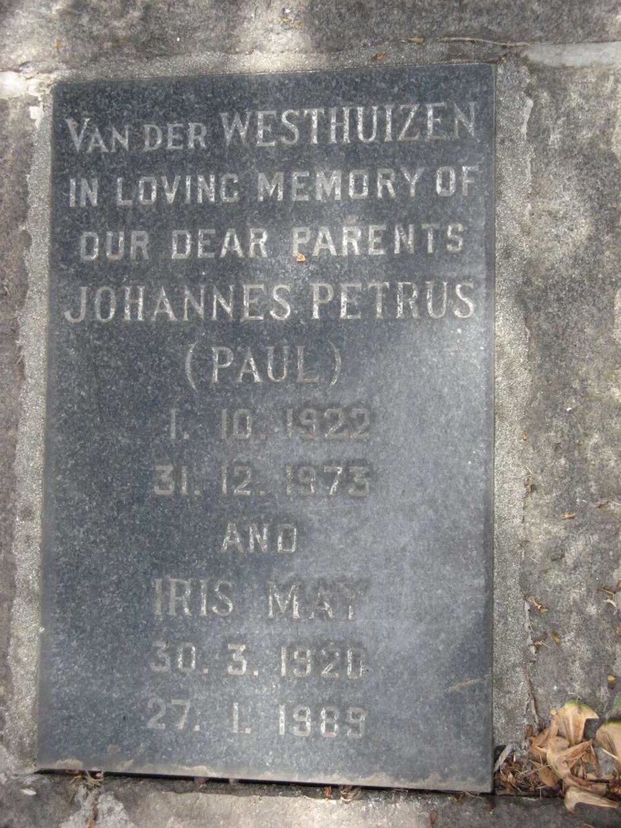 WESTHUIZEN Johannes Petrus, van der 1922-1973 &amp; Iris May 1920-1989