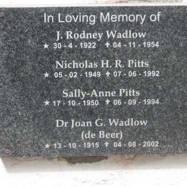 WADLOW Joan G. nee DE BEER 1915-2002 :: WADLOW J. Rodney 1922-1954 :: PITTS Nicholas H.R. 1949-1992 &amp; Sally-Anne 1950-1994