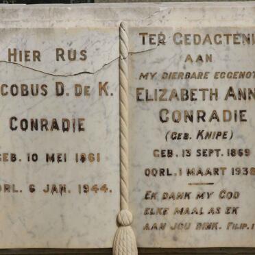 CONRADIE Jacobus D. de K. 1861-1944 &amp; Elizabeth Anna KNIPE 1869-1938