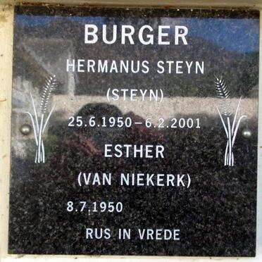 BURGER Hermanus Steyn 1950-2001 &amp; Esther VAN NIEKERK 1950-