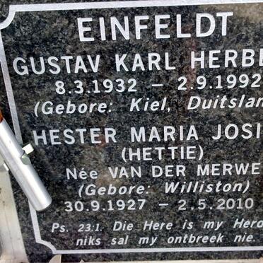 EINFELDT Gustav Karl Herbert 1932-1992 &amp; Hester Maria Josina VAN DER MERWE 1927-2010