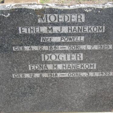 HANEKOM Ethel M.J. nee POWELL 1891-1929 :: HANEKOM Edna M. 1918-1932