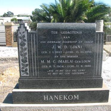 HANEKOM J.W.D. 1892-1955 &amp; M.M.C LOUW 1904-1986