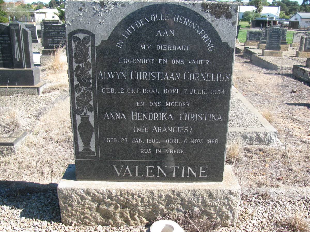 VALENTINE Alwyn Christiaan Cornelius 1900-1954 &amp; Anna Hendrika Christina ARANGIES 1900-1966