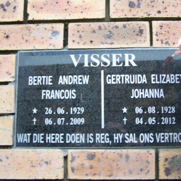 VISSER Bertie Andrew Francois 1929-2009 &amp; Gertruida 1928-2012