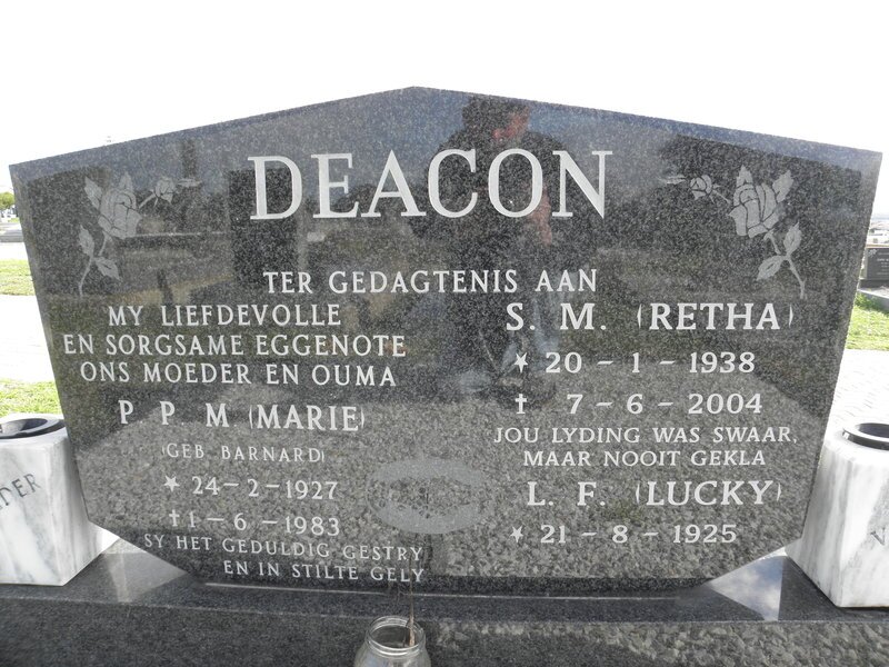 DEACON  L.F. -1925 :: DEACON  P.P.M. nee BARNARD 1927-1983 :: DEACON S.M. 1938-2004
