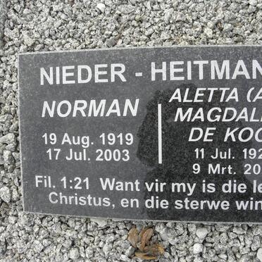 HEITMANN Norman, Nieder 1919-2003 &amp; Aletta Magdalena DE KOCK 1922-2009