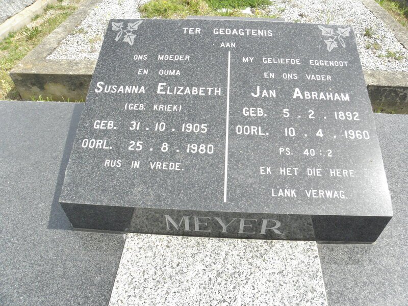 MEYER Jan Abraham 1892-1960 &amp; Susanna Elizabeth KRIEK 1905-1980