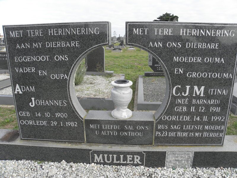 MULLER Adam Johannes 1900-1982 &amp; C.J.M. BARNARD 1911-1992 :: WEHMEYER J.I., nee MULLER 1939-2009