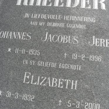 RHEEDER Johannes Jacobus Jere? 1935-1996 &amp; Elizabeth 1932-2000
