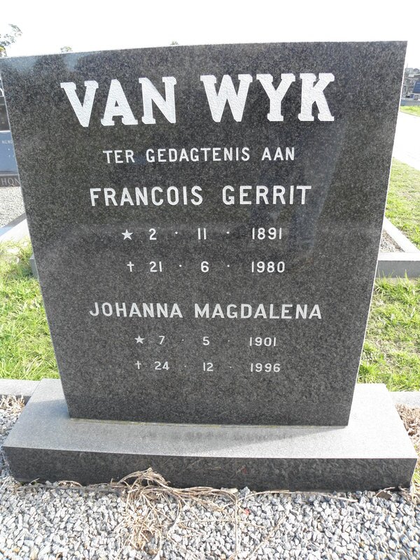 WYK Francois Gerrit, van 1891-1980 &amp; Johanna Magdalena 1901-1996