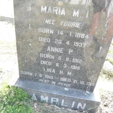 PAMPLIN Maria M.I. nee FOURIE 1884-1937 :: PAMPLIN Annie P. 1912-1915 :: PAMPLIN Lina H.M 1915-1919