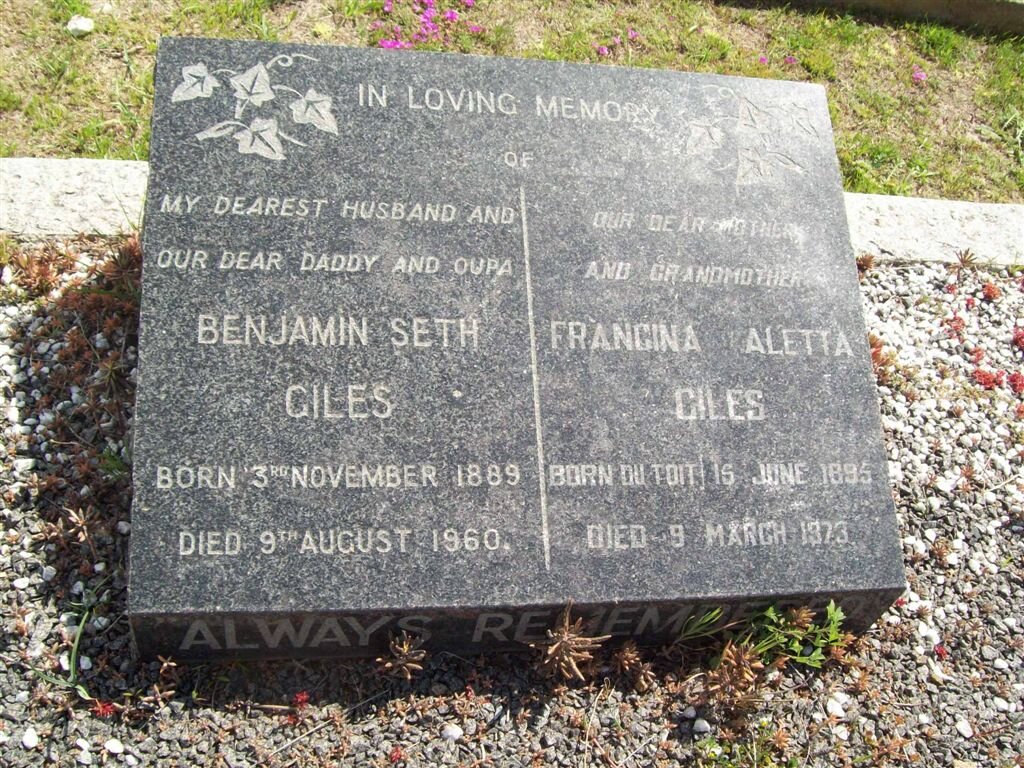 GILES Benjamin Seth 1889-1960 &amp; Francina Aletta DU TOIT 1895-1973