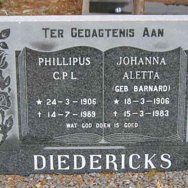 DIEDERICKS Phillipus C.P.L. 1906-1989 &amp; Johanna Aletta BARNARD 1906-1983