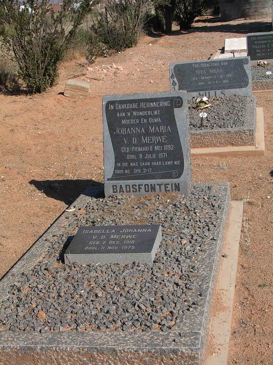 MERWE Johanna Maria, v.d. nee PIENAAR 1892-1971 :: V.D. MERWE Isabella Johanna 1919-1975