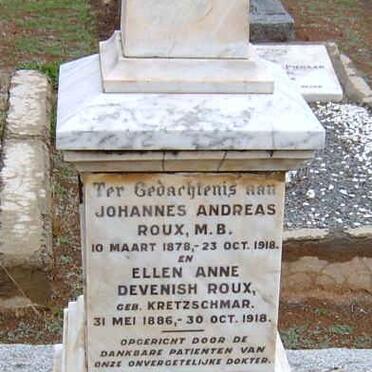 ROUX Johannes Andreas 1878-1918 &amp; Ellen Anne Devenish KRETZCHMAR 1886-1918