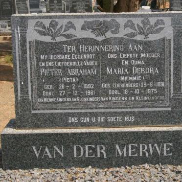 MERWE Pieter Abraham, van der 1892-1961 &amp; Maria Debora LIEBENBERG 1891-1975