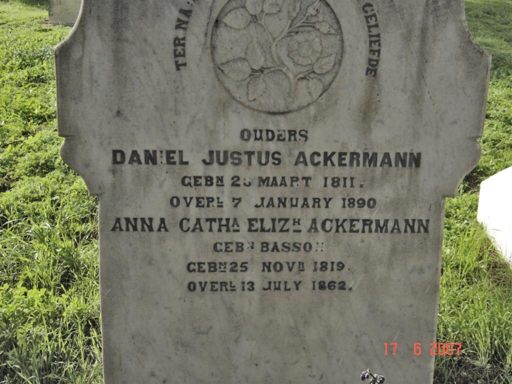 ACKERMANN Daniel Justus 1811-1890 &amp; Anna Catharina Elizabeth ACKERMANN nee BASSON 1819-1862