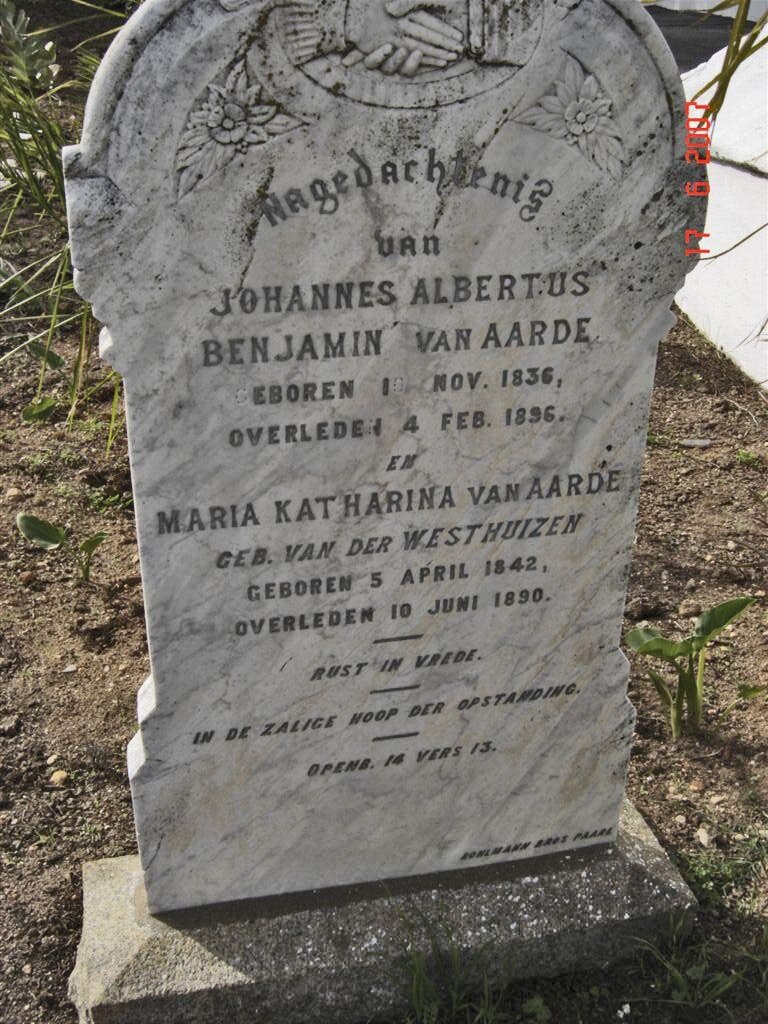 AARDE Johannes Benjamin, van 1836-1896 &amp; Maria Katharina VAN DER WESTHUIZEN 1842-1890