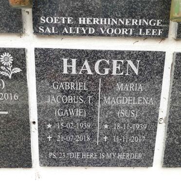 HAGEN Gabriel Jacobus T. 1939-2018 &amp; Maria Magdelena 1939-2017