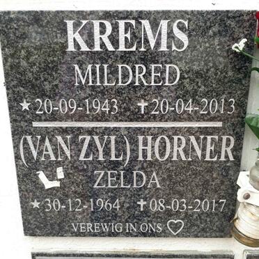 KREMS Mildred 1943-2013 :: HORNER Zelda nee VAN ZYL 1964-2017